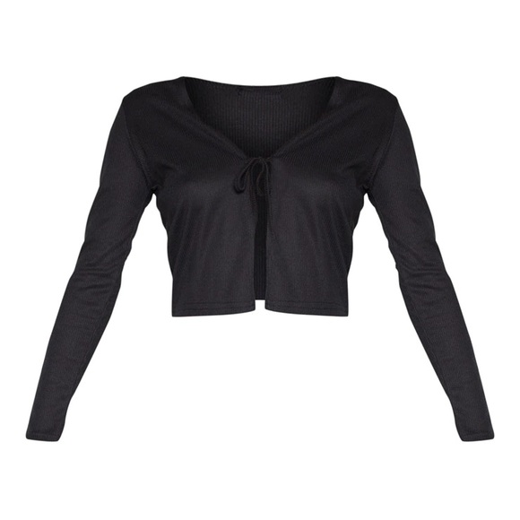 Black Rib Tie Front Crop Top - Picture 4 of 5